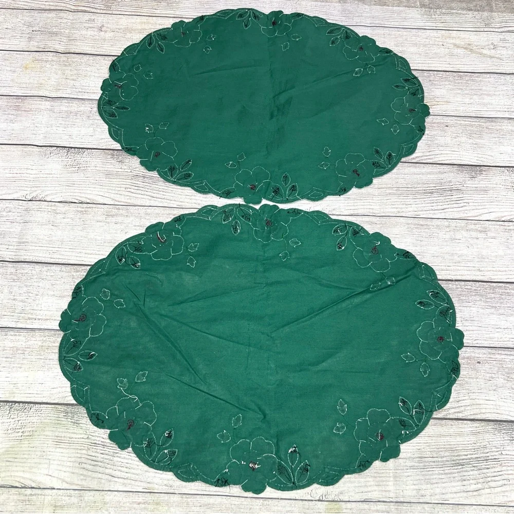 Vintage Placemats Green Blue Red Embroidered Linen Fabric Floral Lot of 6 Boho